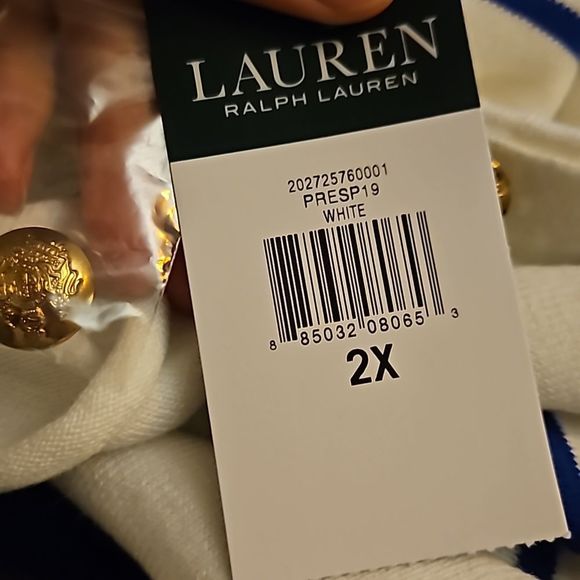 RL NWT White/Blue Stripe w/ Gold Logo Button Trim pullover casual sweater plus - Picture 9 of 10